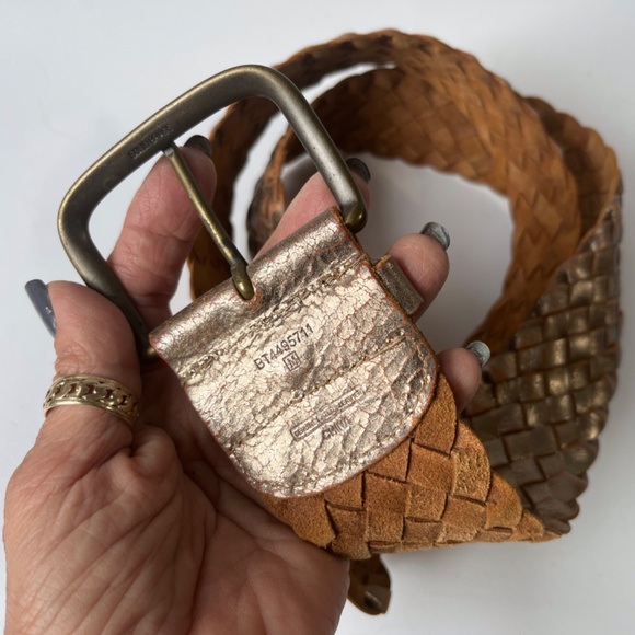 Vintage Wide 40in Gold Leather Belt Weathered Cowhide Braided Woven Boho